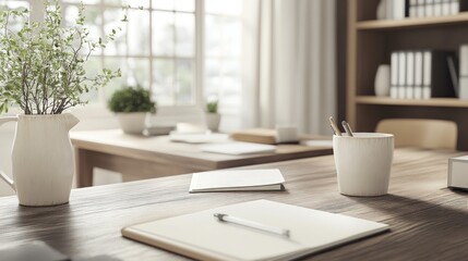 Poster - A serene workspace featuring plants, notebooks, and natural light.