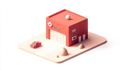 Leinwandbilder - A stylized red building with a car, resembling a service station or garage.