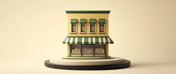Leinwandbilder - A stylized yellow storefront with green awnings and a striped canopy, showcasing a charming design.