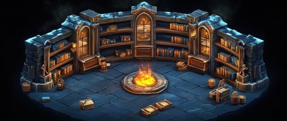 Aufkleber - A cozy library setting with bookshelves, a fire pit, and wooden crates.
