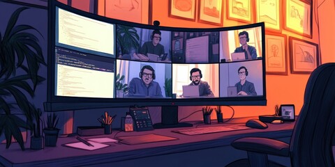 A workspace featuring multiple screens displaying video calls and code.
