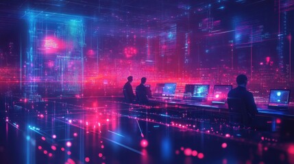 three figures are silhouetted against a vibrant, futuristic digital backdrop, working intently at th