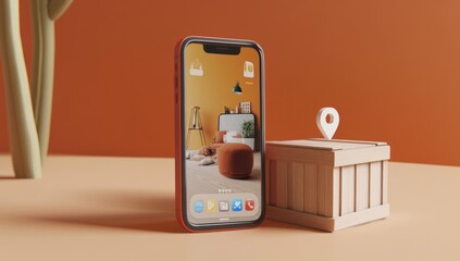 Aufkleber - A smartphone displaying a cozy interior alongside a wooden crate with a location pin.