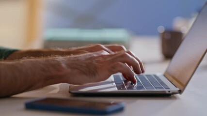 Wall Mural - Programmer hand working laptop at distant office closeup. Unrecognizable man