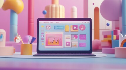 A computer monitor displays a colorful and abstract scene with a pink background