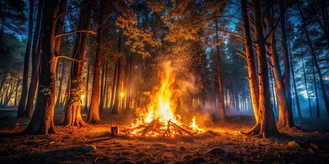 Poster - A Bonfire in a Mystical Forest, Illuminating the Trees with Its Fiery Glow and Casting Long Shadows on the Forest Floor
