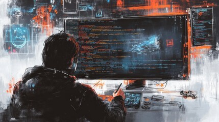 A person coding at a computer with vibrant graphics and data on the screen.