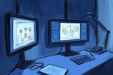 A dimly lit workspace with two monitors displaying technical diagrams and a desk.