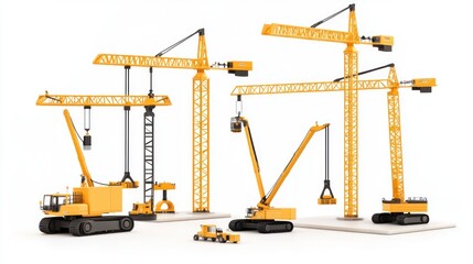 Poster - A variety of construction cranes and vehicles on a white background for industrial purposes.