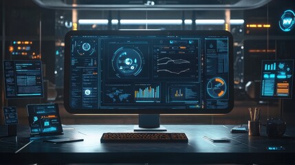 A computer monitor displays a number of screens