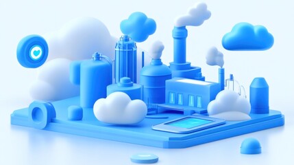 Fototapete - A 3D representation of an industrial scene with factories and clouds in blue tones.
