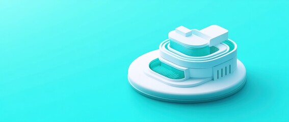 Fototapete - A minimalistic 3D model of a futuristic building on a teal background.