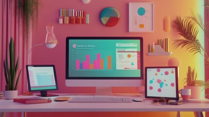 A computer desk with a monitor, keyboard, and mouse