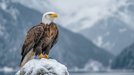Wall Mural - majestic bald eagle on a snowy mountain peak