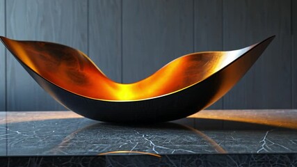 Poster - A gracefully designed black and gold bowl is showcased on a sleek dark marble countertop, highlighted by soft lighting in a contemporary interior.