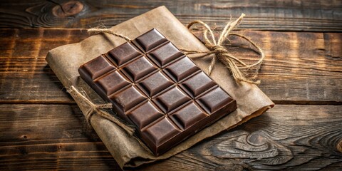 Poster - A Rustic Scene of a Dark Chocolate Bar Tied with Twine on Brown Paper Wrapped Around it, Sitting on a Wooden Surface