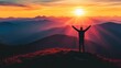 © erlinda - Silhouetted man on mountaintop at sunrise, arms outstretched, enjoying vibrant sky and scenic landscape.