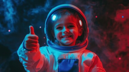 Poster - A cheerful child in a space suit giving a thumbs up, surrounded by colorful cosmic effects.