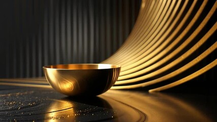 Leinwandbilder - A sleek, golden bowl rests on a dark surface, catching reflections from surrounding polished curves. The artistic setup creates a dramatic atmosphere as dusk falls.