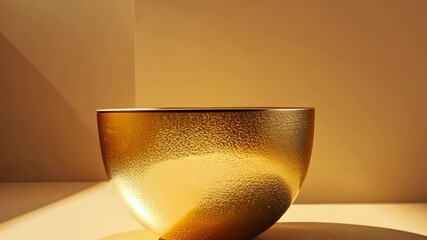 Aufkleber - A gold bowl is elegantly positioned on a simple surface, illuminated by soft sunlight, creating an inviting atmosphere with its warm glow and sleek form.