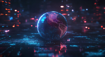 3D rendering of a digital Earth hologram on a dark background with glowing light effects, a stock photo with a cinematic shot,