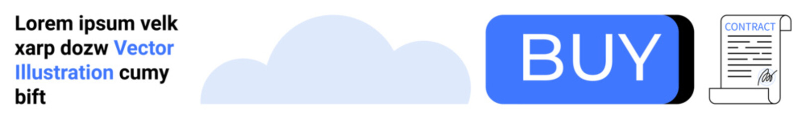 Cloud icon, large BUY button, contract icon, sample text. Ideal for e-commerce, online transactions, digital marketing, cloud services, user interface, tech startups, web development. Landing page