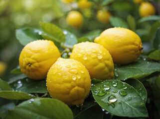 few lemons resting on a patch of dewy grass
