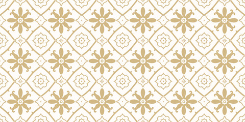 Vector floral seamless pattern with ethnic folk motifs. Simple gold and white abstract geometric ornament texture with cute flowers, repeat tiles. Retro style background. Golden repeated geo design