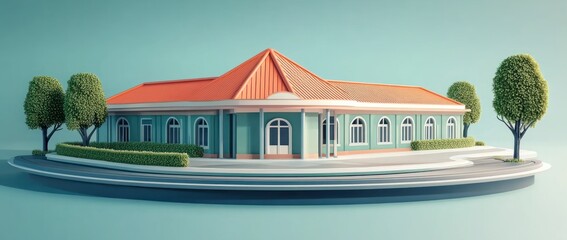 Leinwandbilder - A stylized building with a red roof, surrounded by greenery and a circular pathway.