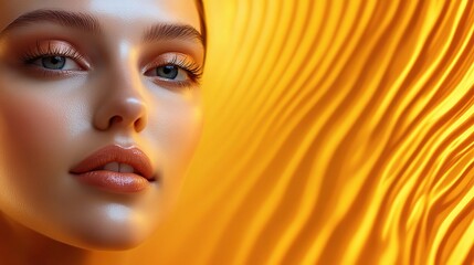 Wall Mural - beautiful close-up of a woman's face showcasing vibrant skin contour and radiant glow against an ora