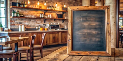 Poster - Rustic wooden framed chalkboard on a table in a cafe with wood paneling and a blurred background of chairs and a bar