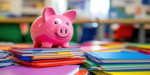 Aufkleber - A pink piggy bank sits atop colorful notebooks in a classroom setting.