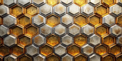Poster - A hexagonal pattern of metallic silver and gold hexagons with a worn and textured finish