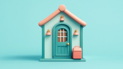 Leinwandbilder - A colorful, stylized miniature house model with a door, windows, and a small suitcase.