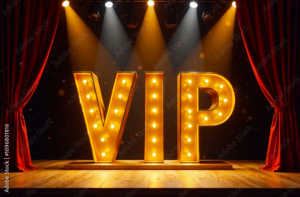 Spotlighted VIP sign illuminated with bulbs enhances a glamorous ...