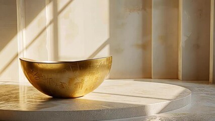 Aufkleber - A beautifully crafted golden bowl rests on a marble table under warm sunlight, highlighting its texture against a simple, modern backdrop. The setting exudes tranquility.