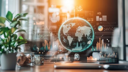 Wall Mural - a computer monitor displays a globe with various graphs