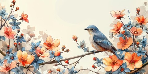 Naklejka na meble A Bluebird Perched Amongst Blooming Peach Blossoms