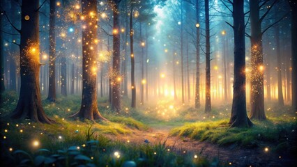 Poster - A path through a misty forest illuminated by the warm glow of fireflies, creating an ethereal and magical atmosphere.