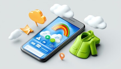 Poster - A smartphone surrounded by colorful icons representing weather and lifestyle elements.