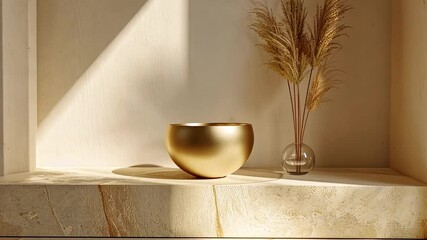 Fototapete - A golden bowl sits gracefully on a stone countertop, accompanied by a delicate glass vase holding dried grass, illuminated by soft sunlight in a minimalist space.