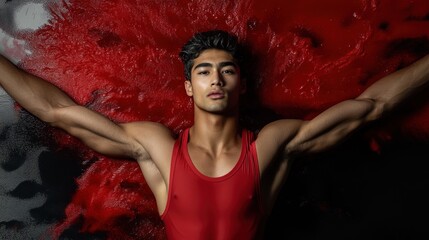 Leinwandbilder - A young man poses dramatically against a vibrant red background, showcasing strength and confidence.