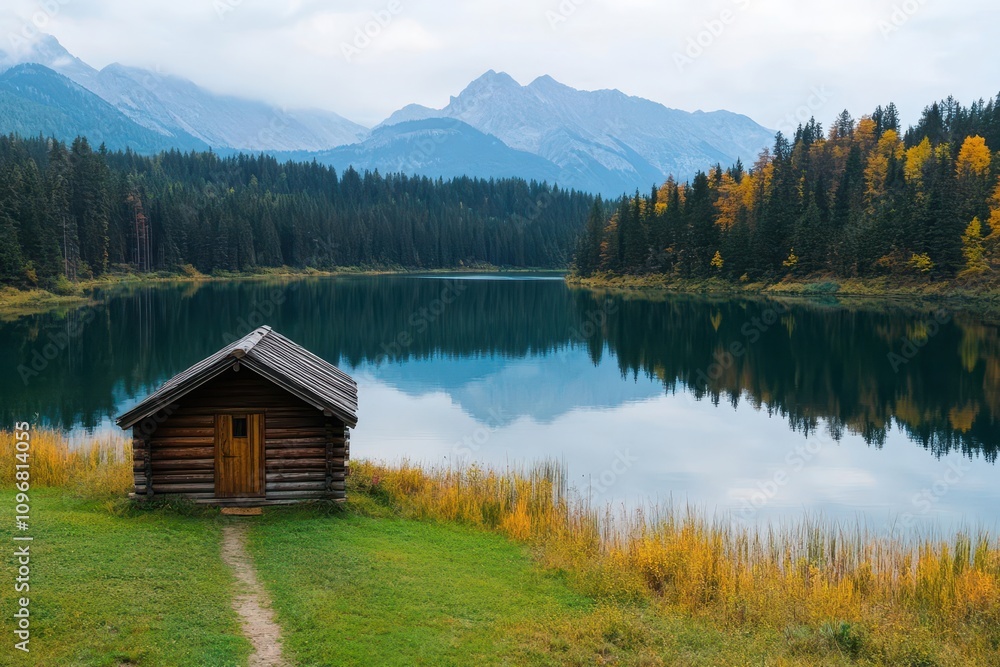 Wooden cabin by tranquil lake side view of a rustic cabin beside a calm ...