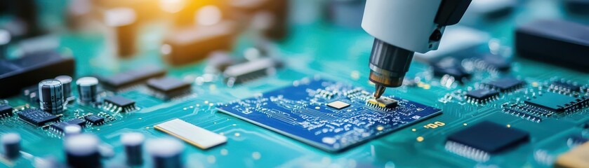 Fototapete - Robotic arm assembling circuit boards precision innovation close up technology lab futuristic Fusion