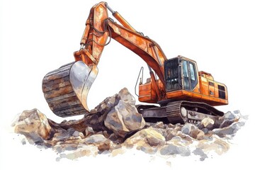 Canvas Print - Orange Excavator Operating on Construction Site Surrounded by Large Rocks, Illustrating Heavy Machinery and Earth Moving Equipment in Action