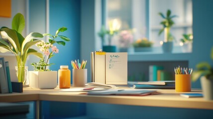 Poster - A bright workspace featuring plants, stationery, and a notebook, promoting creativity and focus.