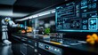 © taweesak - Futuristic kitchen with robotic arms cooking, smart touch panels, glowing appliances, sleek black and chrome design