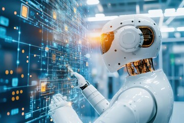 Fototapete - Factory floor with AI robots working efficiency precision close up industrial environment realistic Fusion