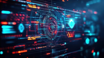 Poster - AI interface on futuristic screen interaction possibilities focus on futuristic control room vibrant Double exposure