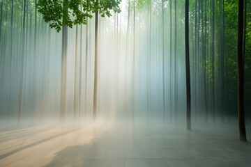 Wall Mural - A serene and peaceful forest scene with foggy trees and a tree in the foreground. The fog adds a sense of mystery and calmness to the scene, while the trees provide a sense of depth and tranquility